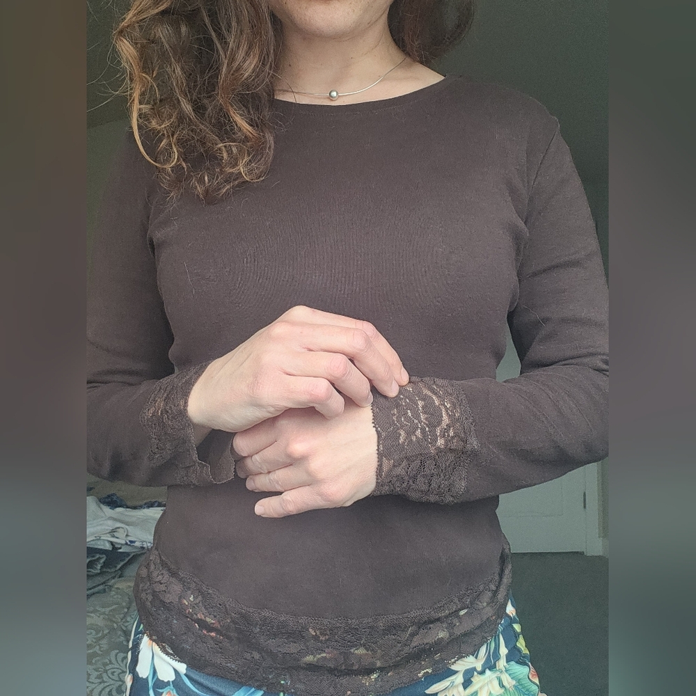 Harold's Brown Lace Trim Long Sleeve Top